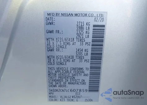 2020 Nissan Pathfinder Sl 2Wd z USA, uszkodzony, nr VIN 5N1DR2CN7LC607859